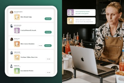 Montage démontrant le suivi en temps réel de préparation de cocktails commandés par les clients via un écran situé près du bar où se trouvaient les mixologues.