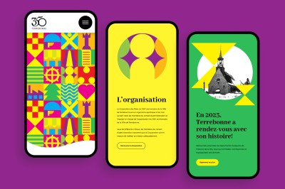 Affichage mobile de différentes pages du microsite réalisé pour le 350e anniversaire de la Ville de Terrebonne.