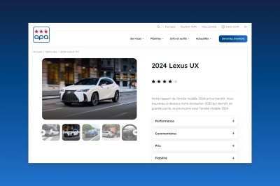Écran présentant une page web dédiée à un véhicule présenté sur le site web de l'APA.