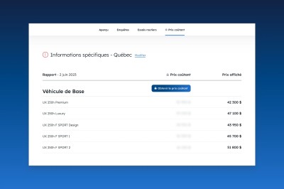 Écran présentant un rapport de prix coûtant sur le site web de l'APA.