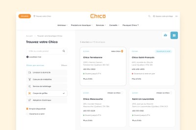 Écran présentant la section «Trouvez votre Chico» du site web de boutique d’animaux Chico