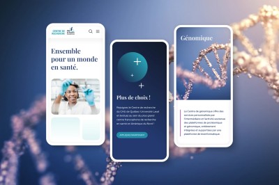Trois écrans mobiles présentant différentes pages du site web du Centre de recherche du CHU de Québec-Université Laval.