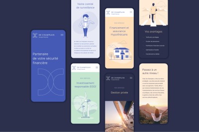 Écrans mobiles présentant différentes pages du site web de De Champlain Groupe financier.