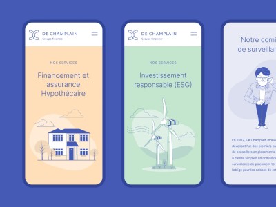 Trois écrans mobiles présentant différentes pages web dédiées aux services de De Champlain Groupe financier.