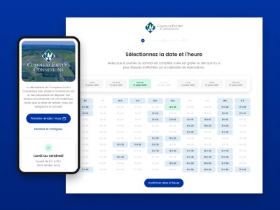 Écrans de l’application de réservation du Complexe Enviro Connexions présentant l’accueil en version mobile et la sélection de la date et de l’heure d'une réservation sur grand écran.