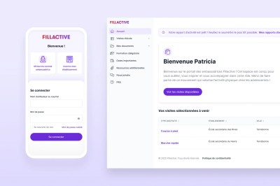 Écran de connexion au portail de Fillactive et page d'accueil du portail destinée à une ambassadrice.