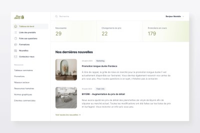 Interface du portail client présentant les promotions, les formations et les actualités de l’entreprise Flordeco.