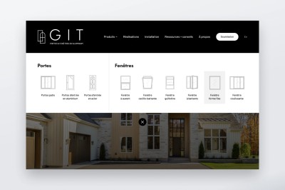 Écran présentant le menu ouvert du site web de GIT Portes et fenêtres.