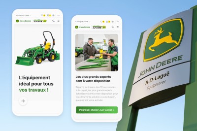 Écrans mobiles présentant le site web de JLD-Laguë, concessionnaire John Deere, affichant une navigation conviviale pour gérer les équipements et les ressources agricoles.