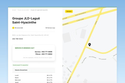Écran présentant la refonte d'une page de succursale du site web de JLD-Laguë, concessionnaire John Deere.