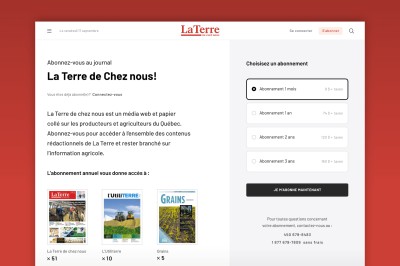 Écran présentant la nouvelle interface de la page d'abonnement développée pour La Terre de chez nous.