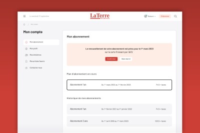 Écran présentant l'interface pour un utilisateur ayant un abonnement à La Terre de chez nous.