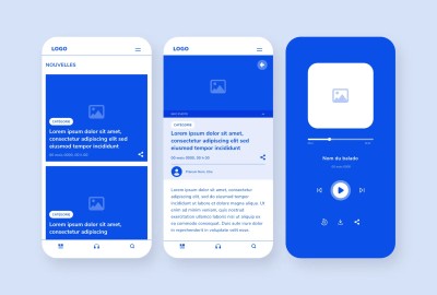 Trois écrans mobiles présentant les wireframes réalisés pour l'application mobile pour le Journal L'Express de Drummondville.