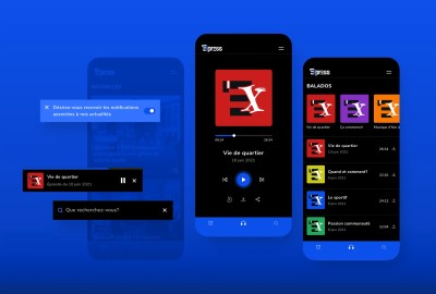 Écrans mobiles présentant les fonctionnalités et la section des balados pour l'application mobile pour le Journal L'Express de Drummondville.