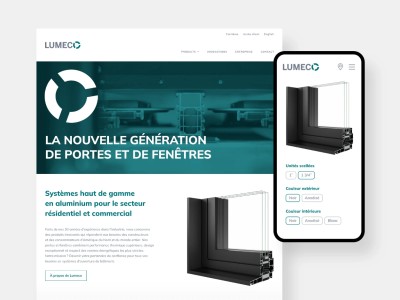 Écrans représentant la page d'accueil et les filtres des produits sur le site web de Lumeco