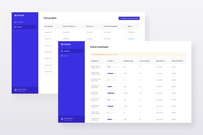 Écrans présentant l'affichage de l'inventaire et la gestion des emballages dans le portail client développé pour Netpak.