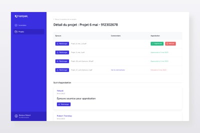 Écran présentant l'affichage d'un projet dans le portail client développé pour Netpak.