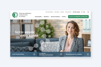 Écran d'accueil du site web de l'Ordre des diététistes-nutritionnistes du Québec.