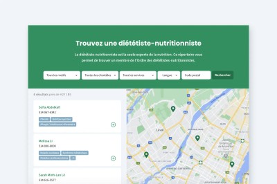 Écran présentant la section «Trouvez une diététiste-nutritionniste» du site web de l'Ordre des diététistes-nutritionnistes du Québec.