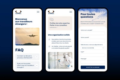 Trois écrans mobiles présentant l'interface du site web de Sixpro, entreprise spécialisée en revêtements de surfaces sur pièces métalliques.