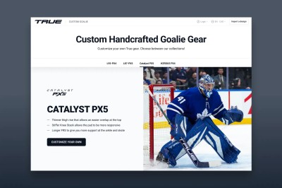 Écran présentant l'accueil de l'outil de personnalisation d'équipement de gardien de but pour True Hockey.