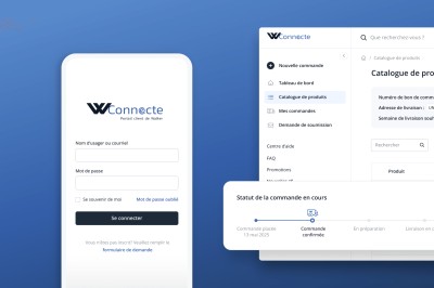 Montage présentant l'interface de la page de connexion et du tableau de bord du portail client pour Verreries Walker.