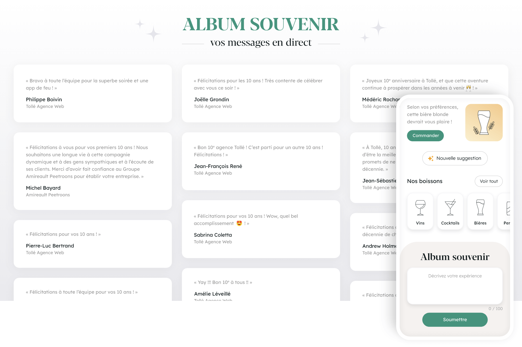 Montage de l'album souvenir généré à partir des commentaires laissés par les invités dans un formulaire de l'application.