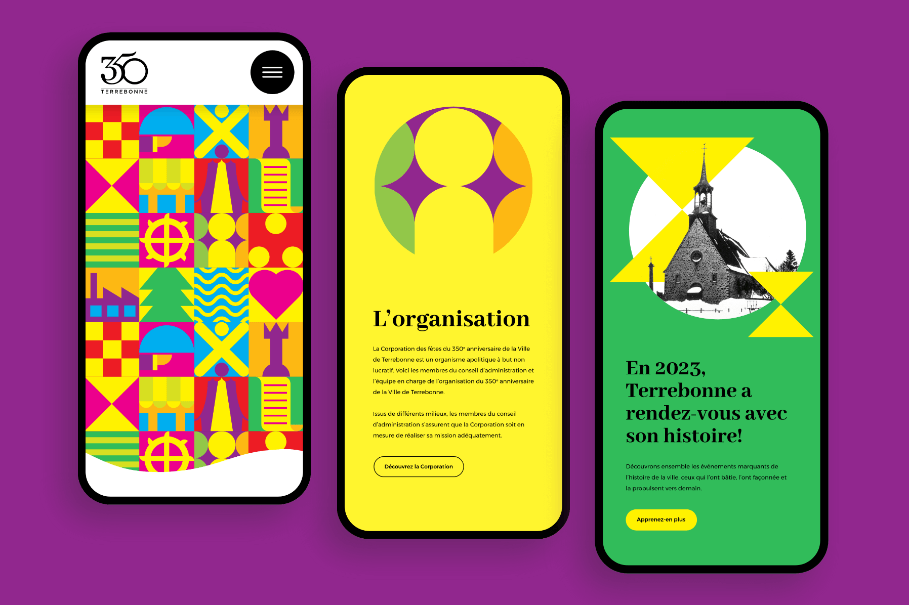 Affichage mobile de différentes pages du microsite réalisé pour le 350e anniversaire de la Ville de Terrebonne.