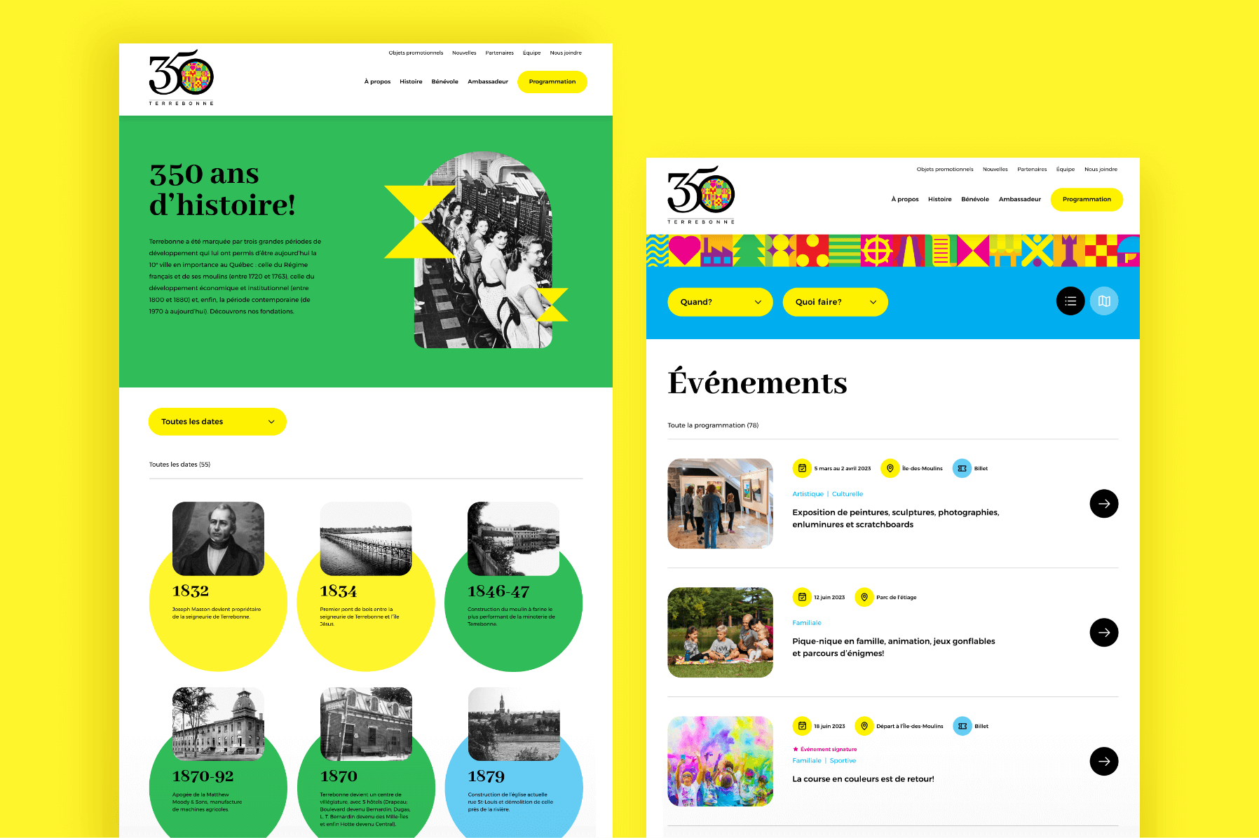 Montage présentant l'affichage de la page d'historique et du répertoire d'événements pour le 350e anniversaire de la Ville de Terrebonne.