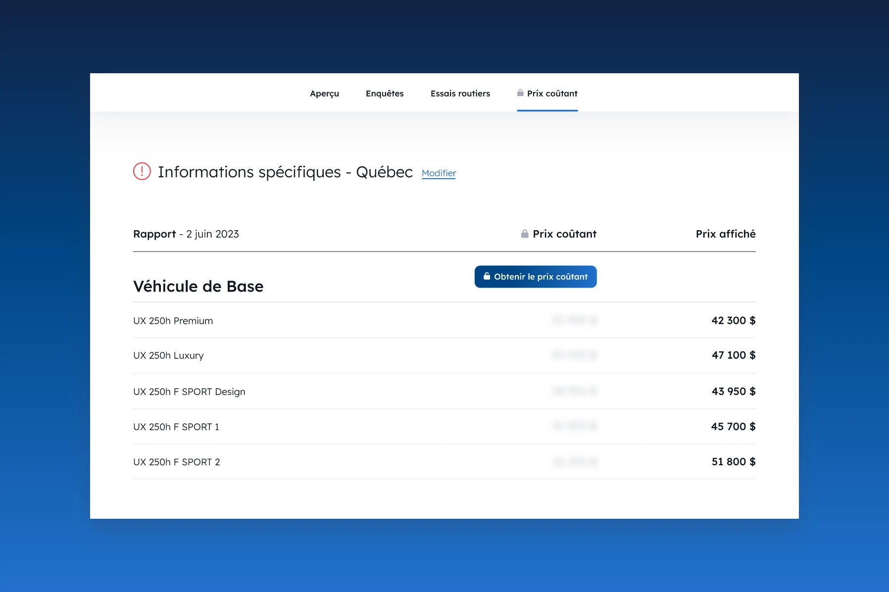 Écran présentant un rapport de prix coûtant sur le site web de l'APA.