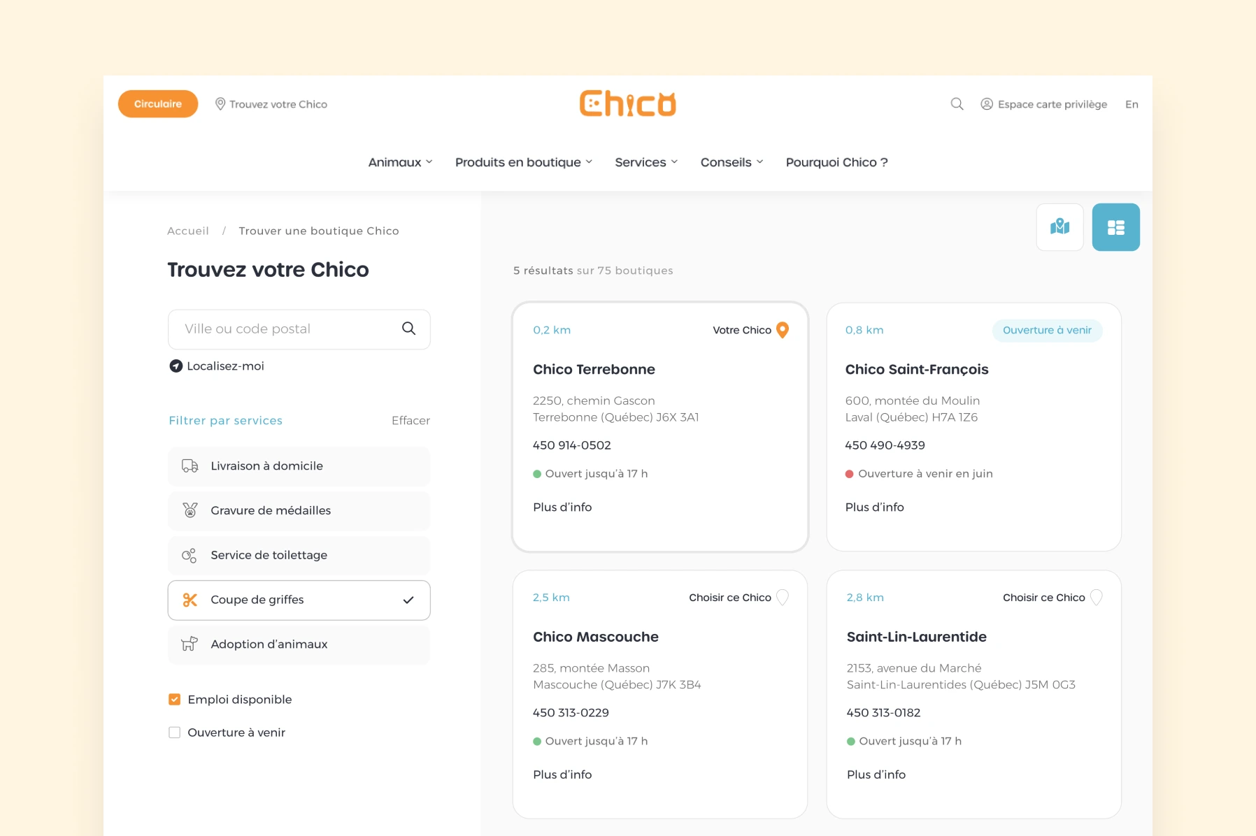 Écran présentant la section «Trouvez votre Chico» du site web de boutique d’animaux Chico