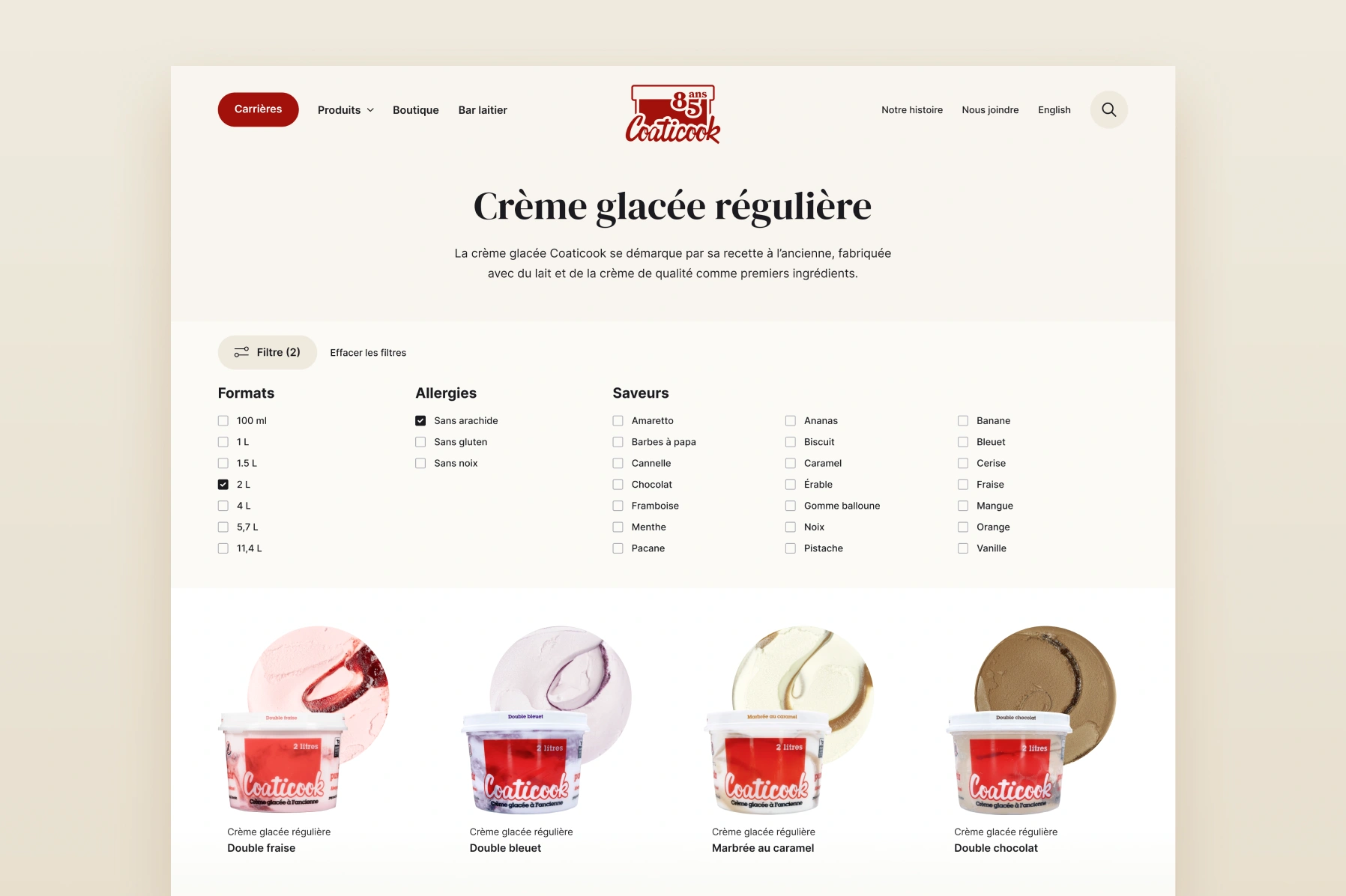 Filtres de la section dédiée aux produits de crème glacée régulière du site web de la laiterie de Coaticook.