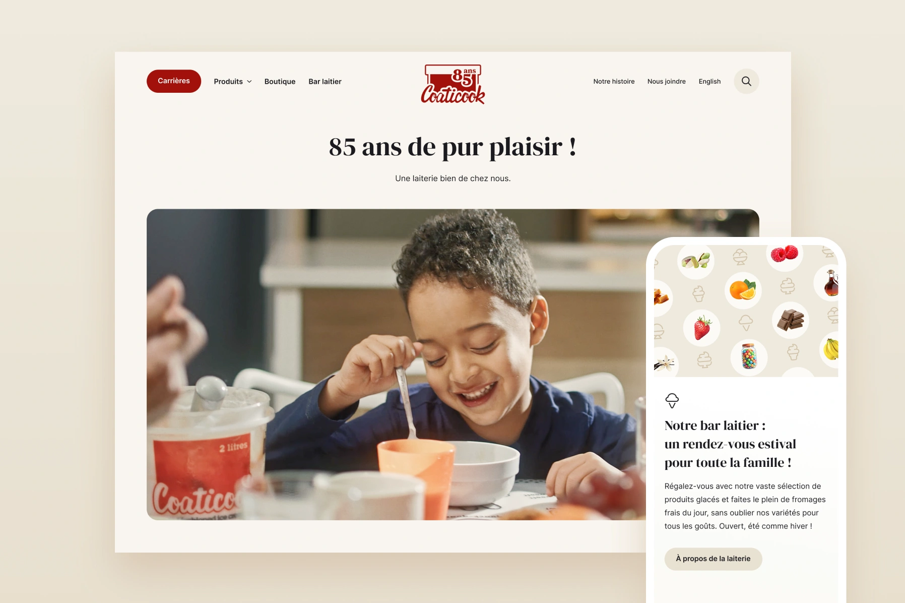 Écran d'accueil et exemple de page en mobile pour le site web de la laiterie de Coaticook.