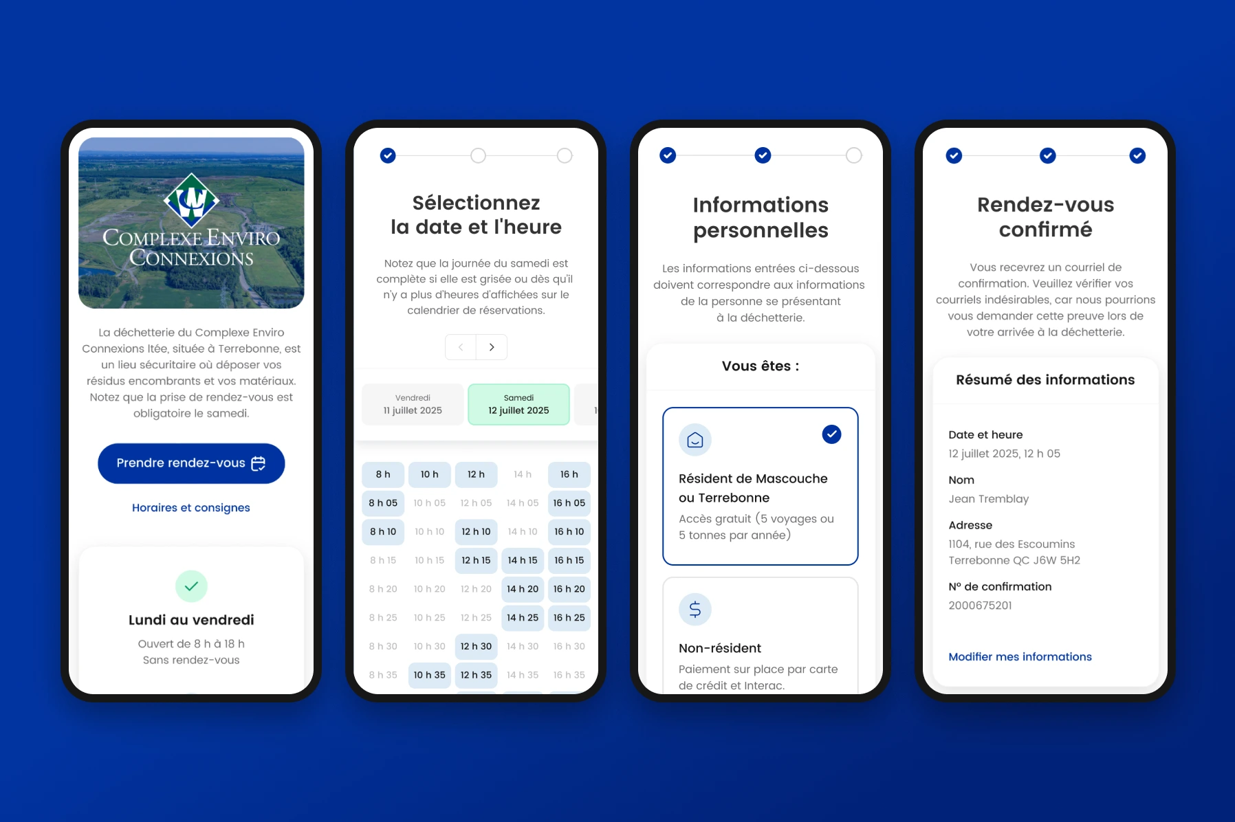 Écrans mobiles de l’application de réservation du Complexe Enviro Connexions présentant l’accueil, la sélection de la date et de l’heure et les informations personnelles.