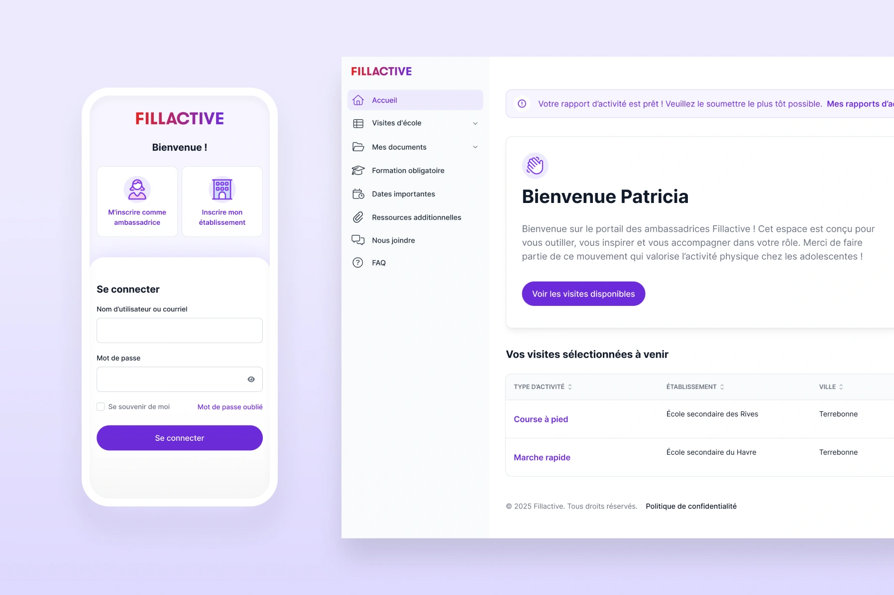 Écran de connexion au portail de Fillactive et page d'accueil du portail destinée à une ambassadrice.