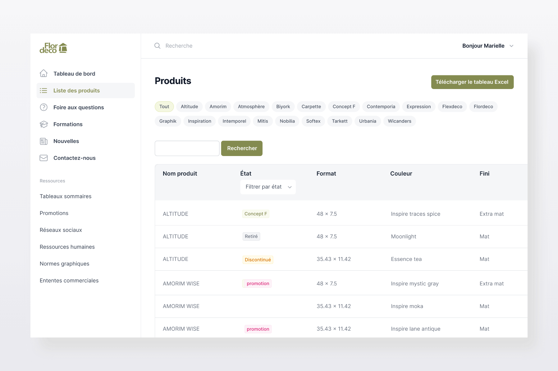 Interface du portail client développé pour Flordeco présentant l'état d'un produit, son prix et ses caractéristiques.