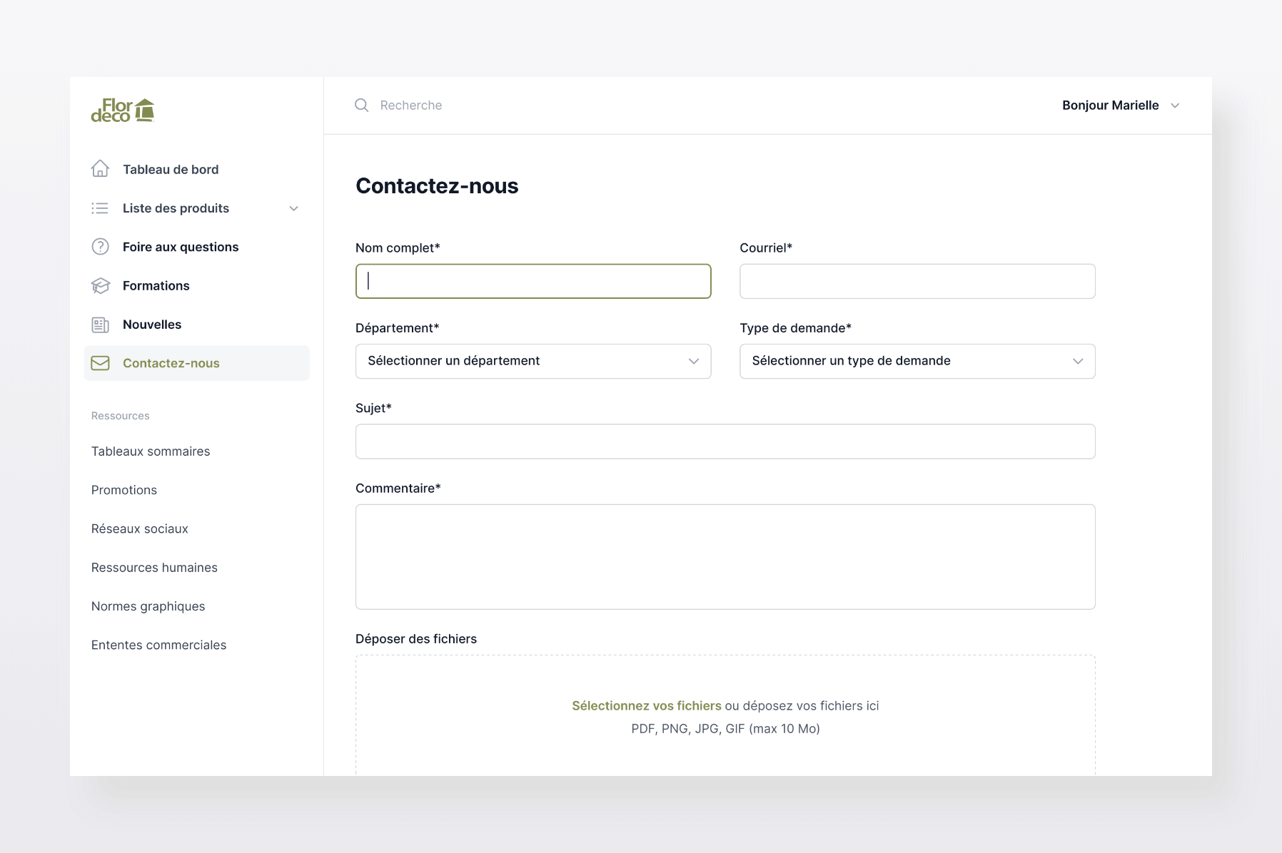 Interface du portail client développé pour Flordeco présentant un formulaire de contact.
