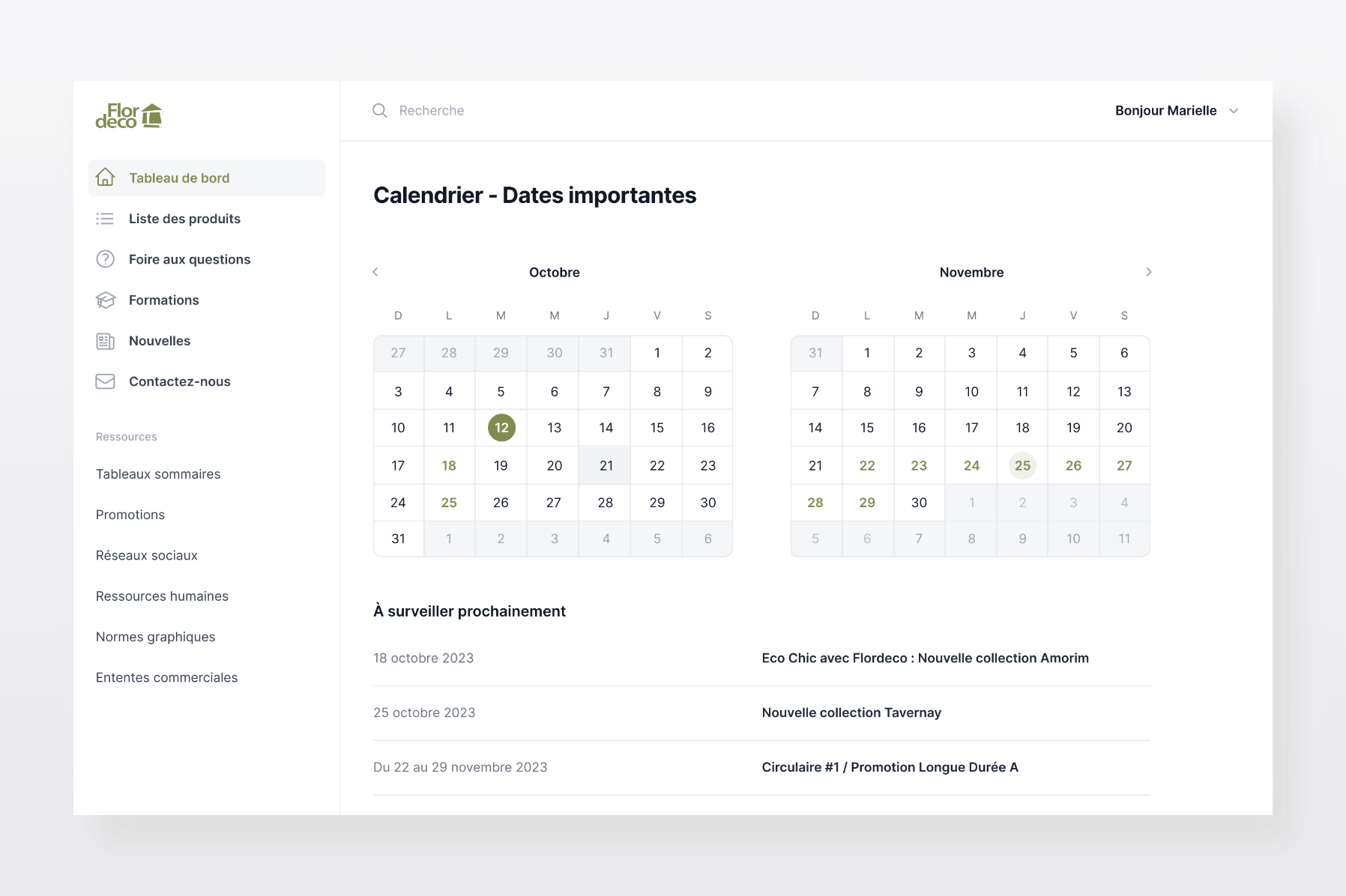 Interface du portail client développé pour Flordeco présentant le calendrier des dates importantes.