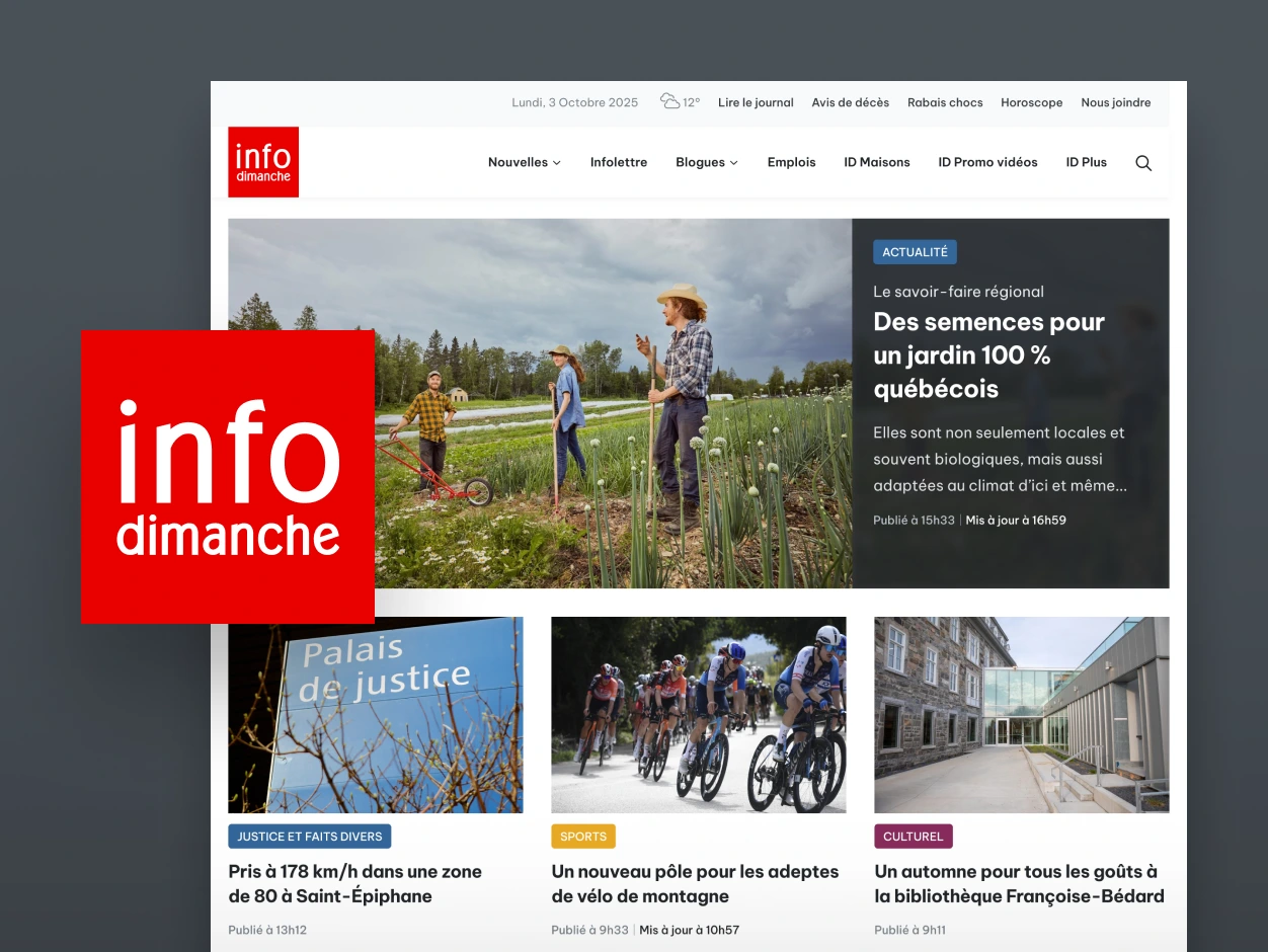 Écran présentant le logotype et l'accueil du Journal Info Dimanche