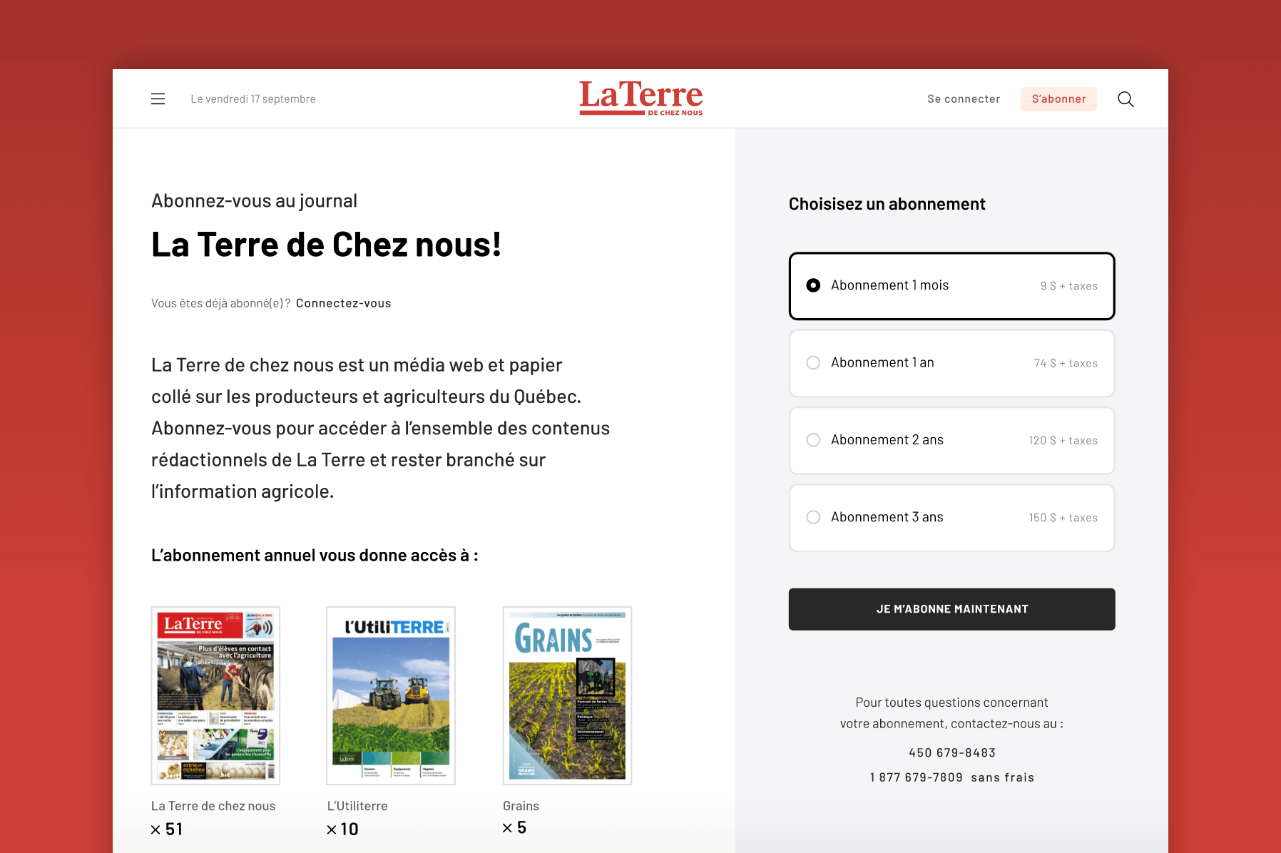Écran présentant la nouvelle interface de la page d'abonnement développée pour La Terre de chez nous.