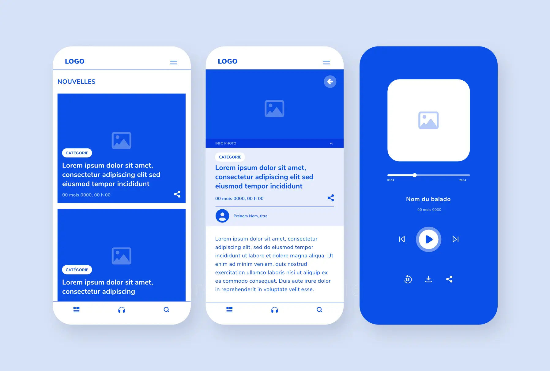 Trois écrans mobiles présentant les wireframes réalisés pour l'application mobile pour le Journal L'Express de Drummondville.