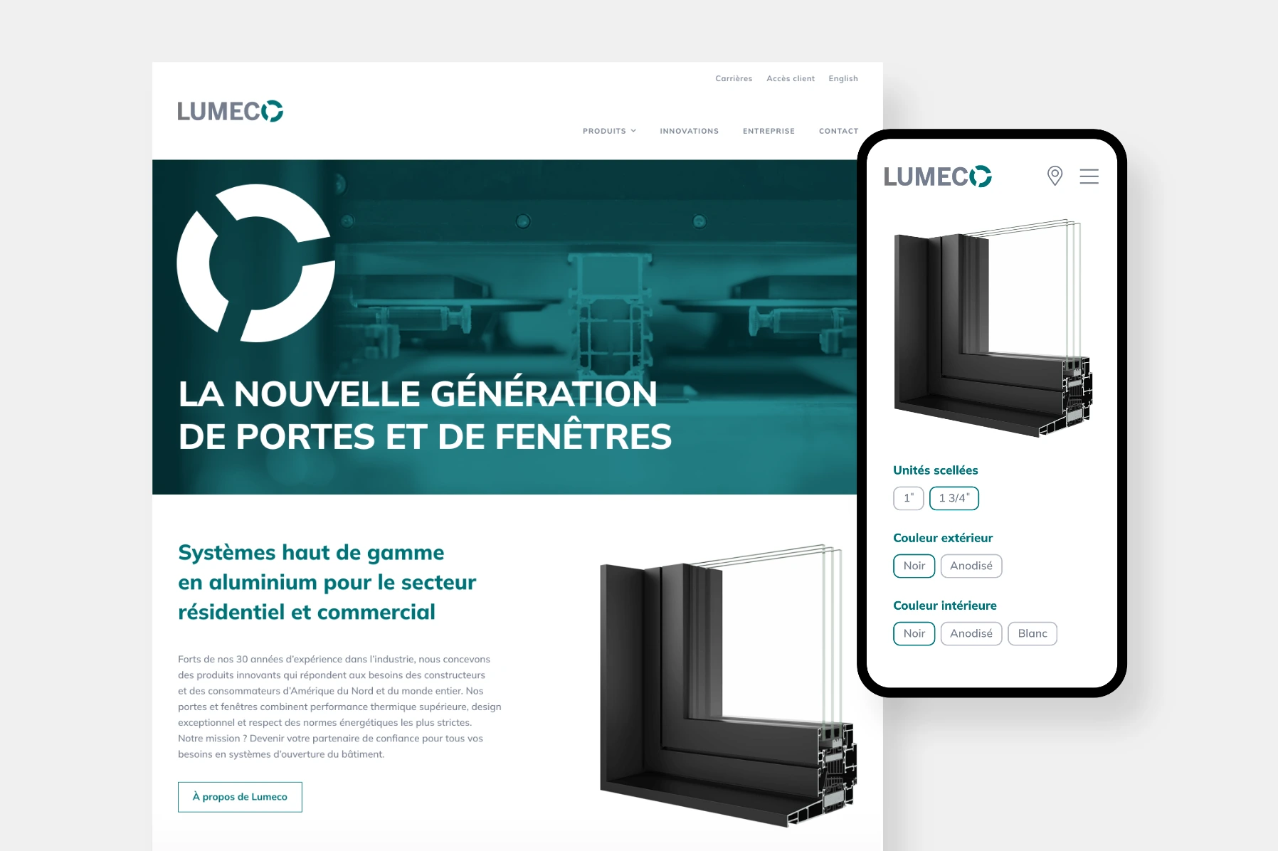 Écrans représentant la page d'accueil et les filtres des produits sur le site web de Lumeco