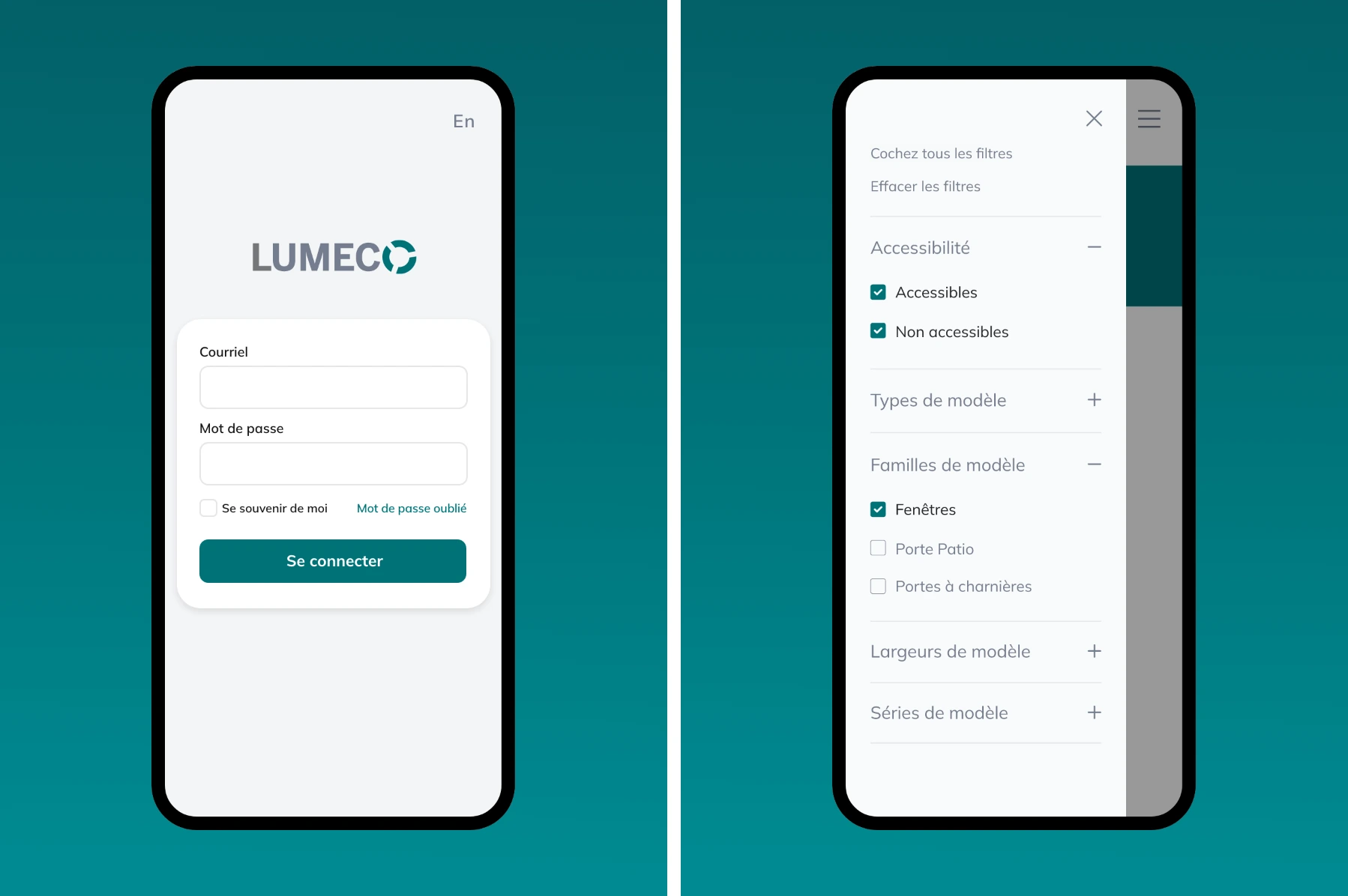 Écrans mobiles représentant le portail client de Lumeco