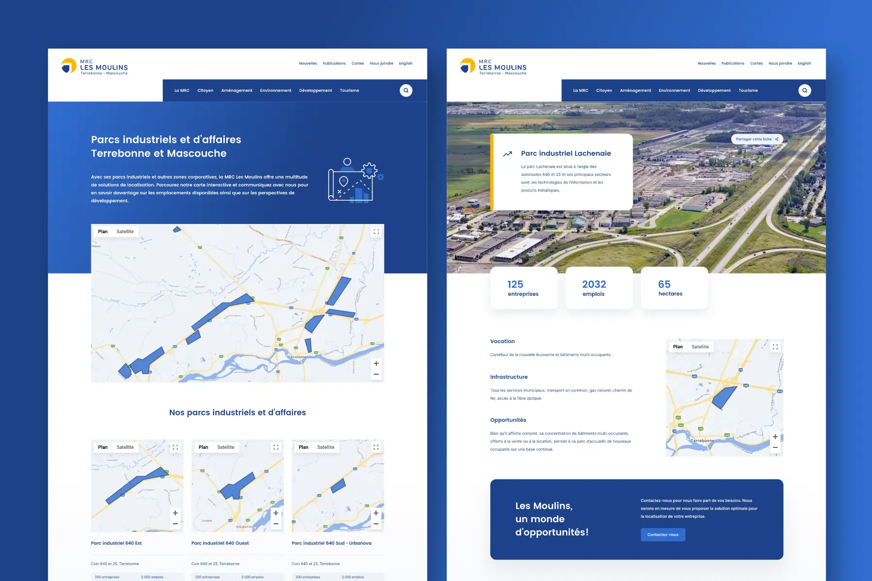 Écrans présentant la section pour les parcs industriels sur le site web de la MRC Les Moulins.