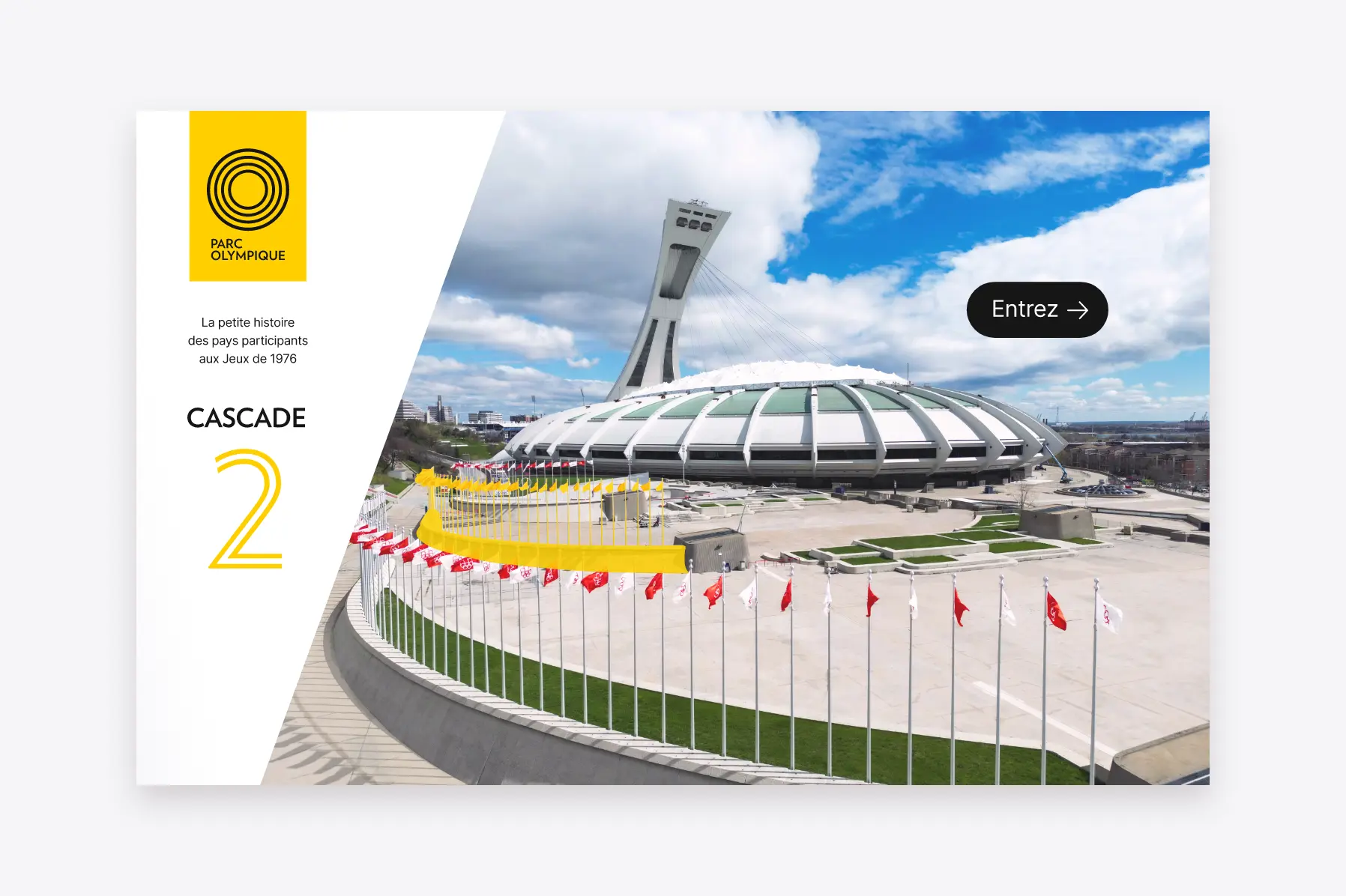 Écran présentant l'accueil du microsite destiné au projet de valorisation des drapeaux de l’Esplanade du Parc Olympique.
