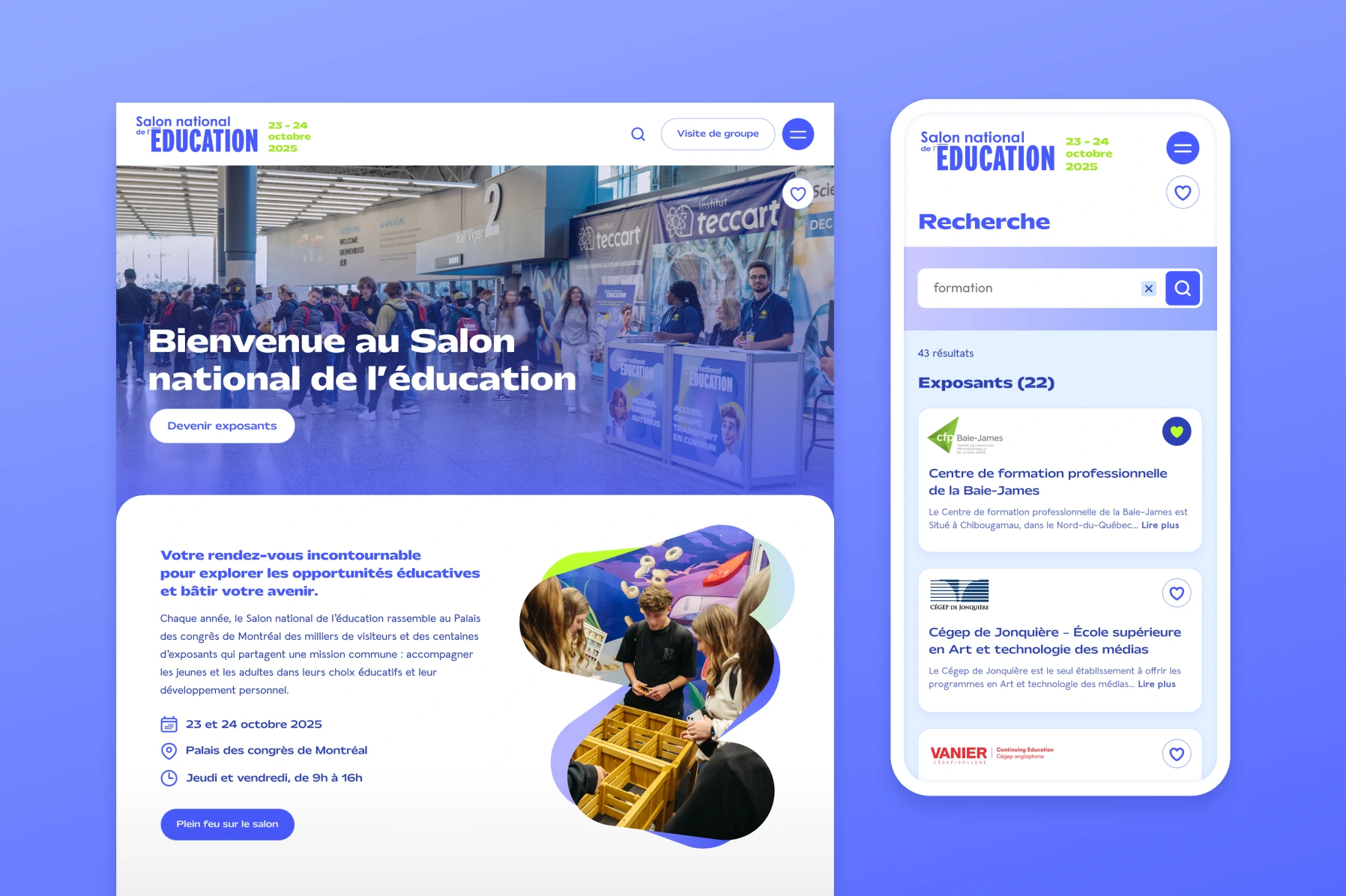 Écrans présentant l'accueil et la recherche du site web du Salon national de l'éducation.
