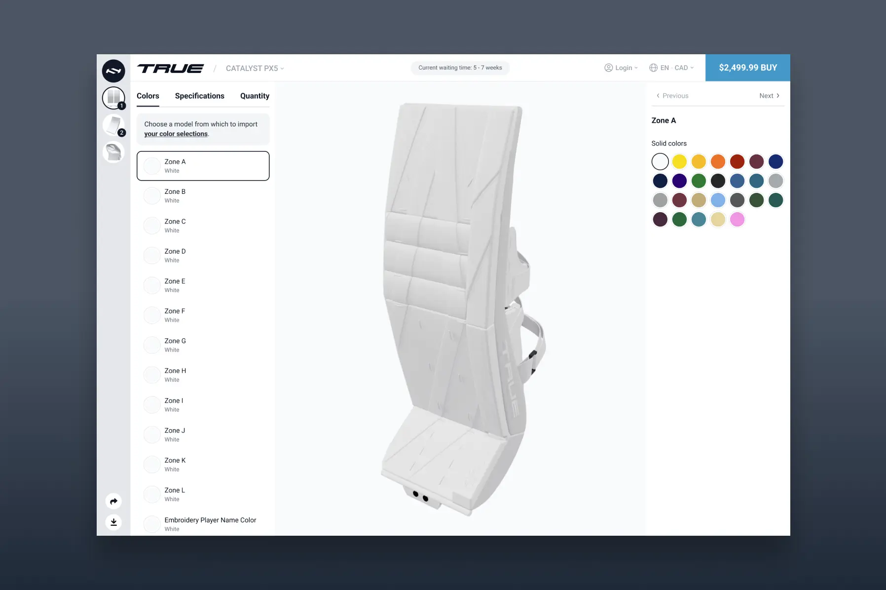 Écran présentant l'interface de l'outil de personnalisation d'équipement de gardien de but pour True Hockey.